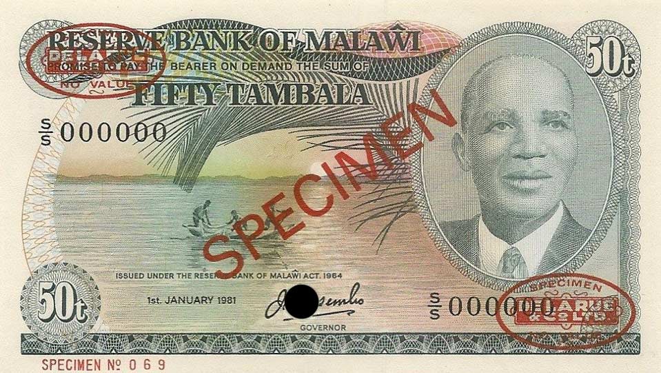 Front of Malawi p13s: 50 Tambala from 1976