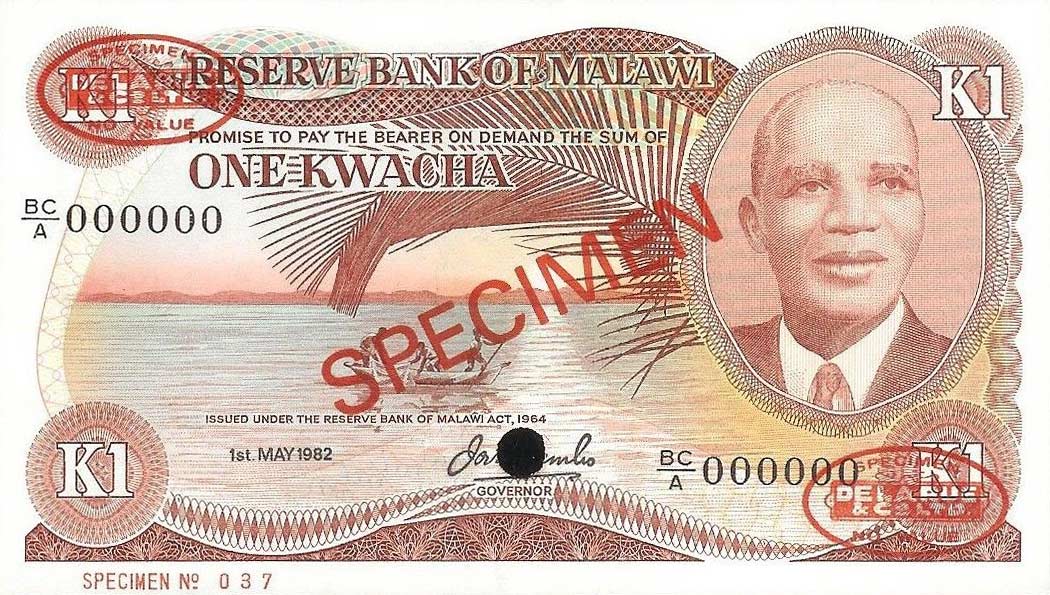 Front of Malawi p14s: 1 Kwacha from 1976