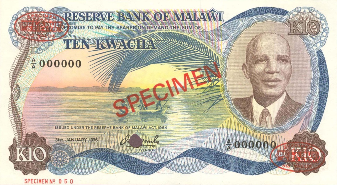 Front of Malawi p16s: 10 Kwacha from 1976