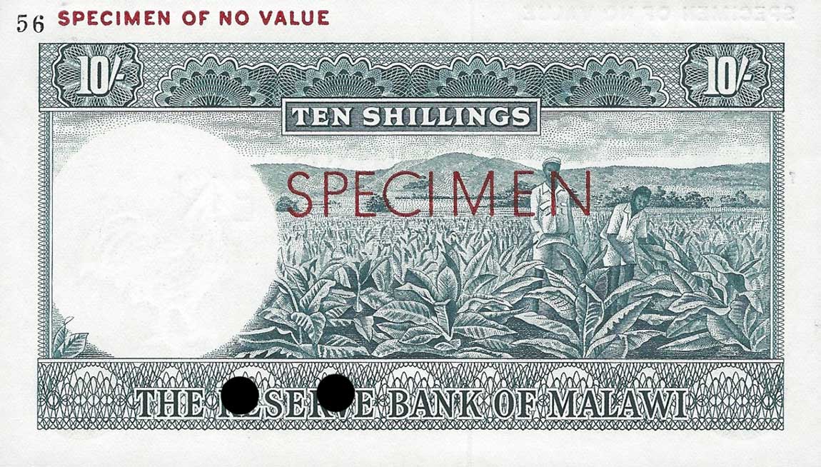 Back of Malawi p2Act: 10 Shillings from 1964