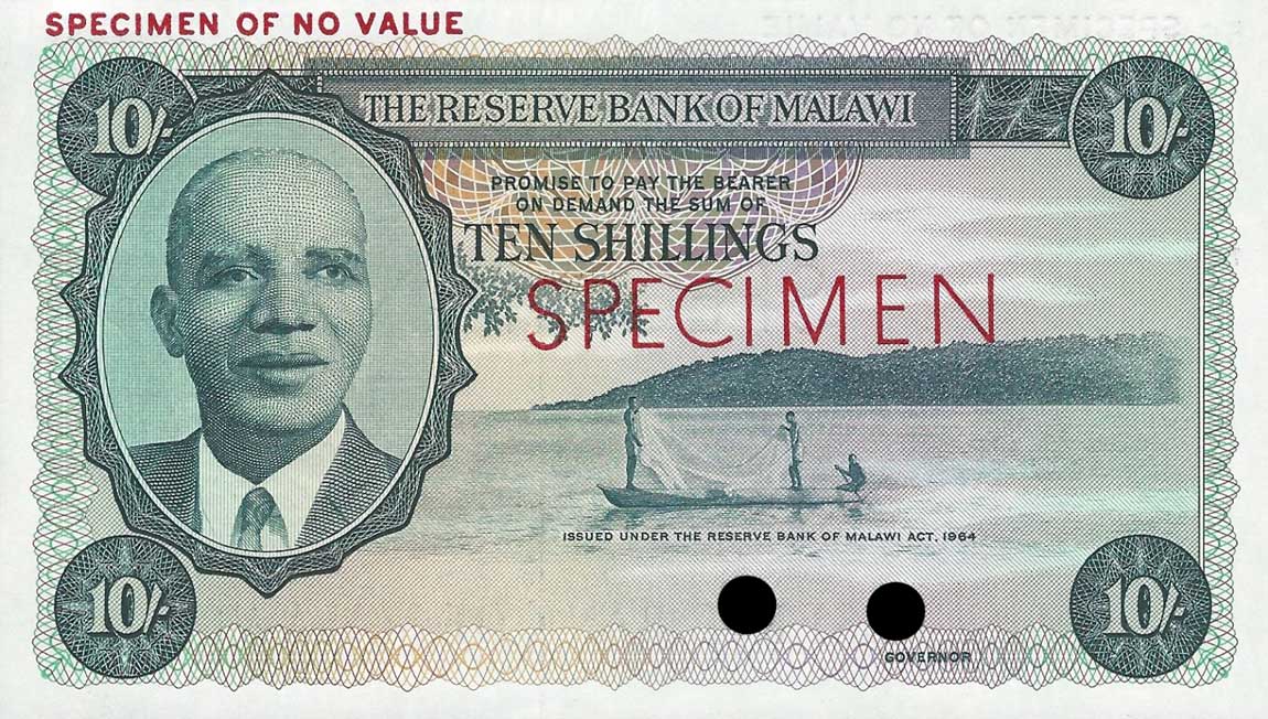 Front of Malawi p2Act: 10 Shillings from 1964