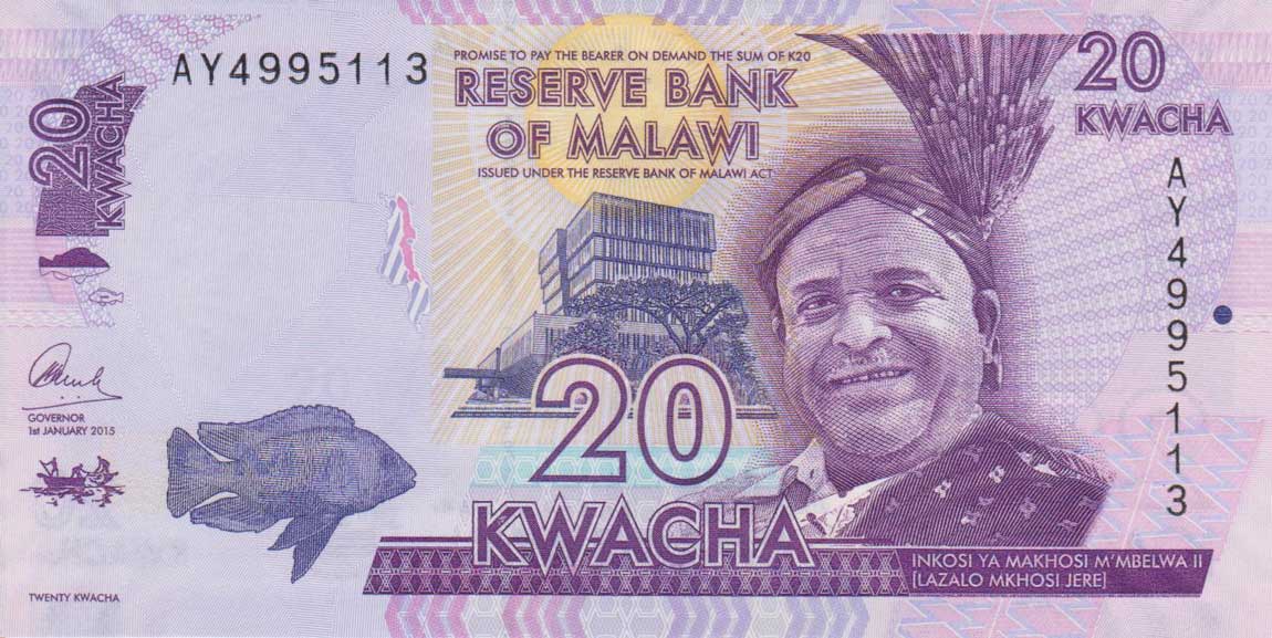 Front of Malawi p63b: 20 Kwacha from 2015