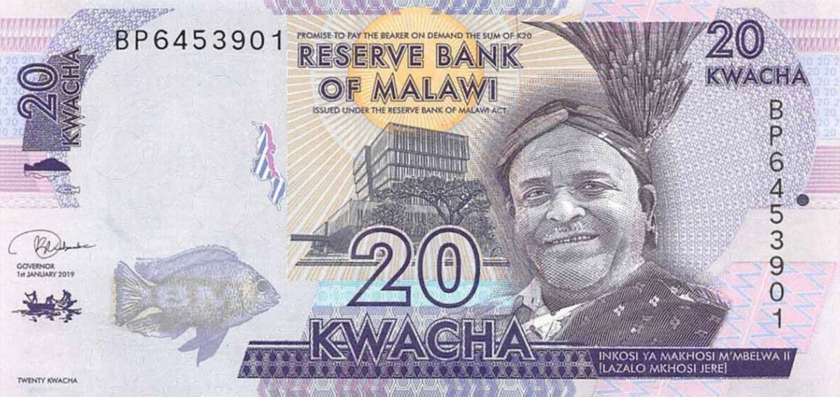 Front of Malawi p63e: 20 Kwacha from 2019