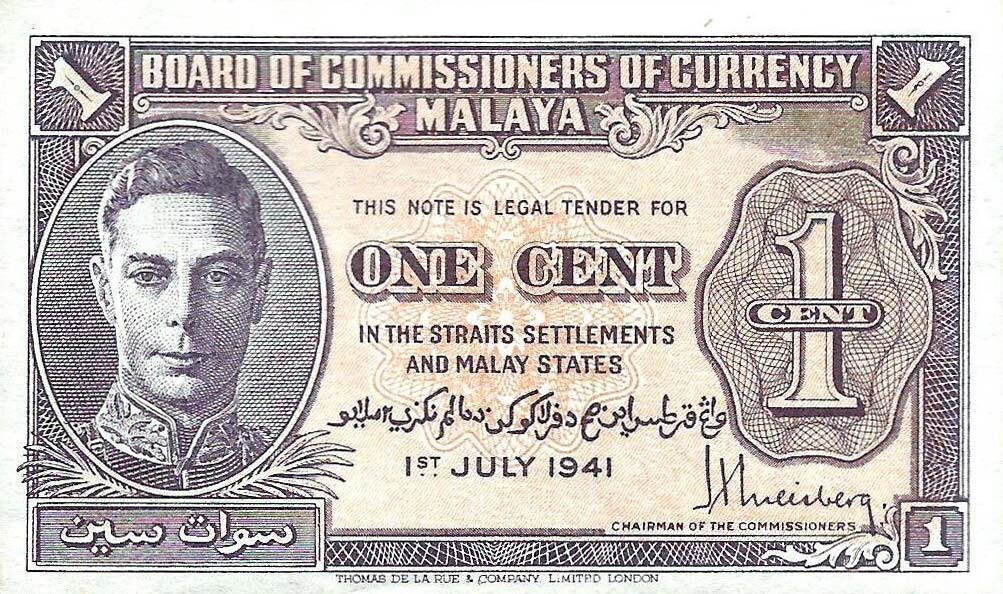Front of Malaya p6: 1 Cent from 1941