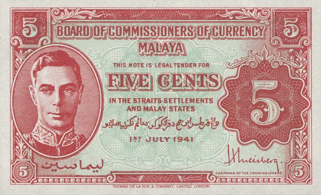 Front of Malaya p7b: 5 Cents from 1941