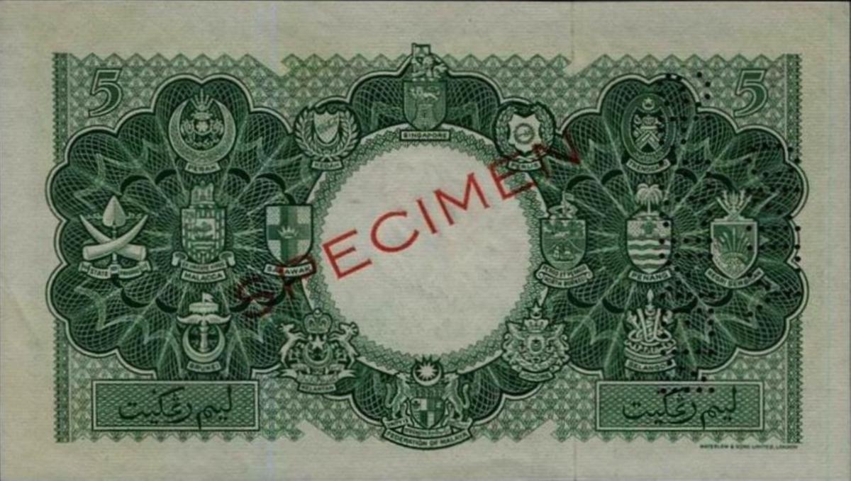 Back of Malaya and British Borneo p2s: 5 Dollars from 1953