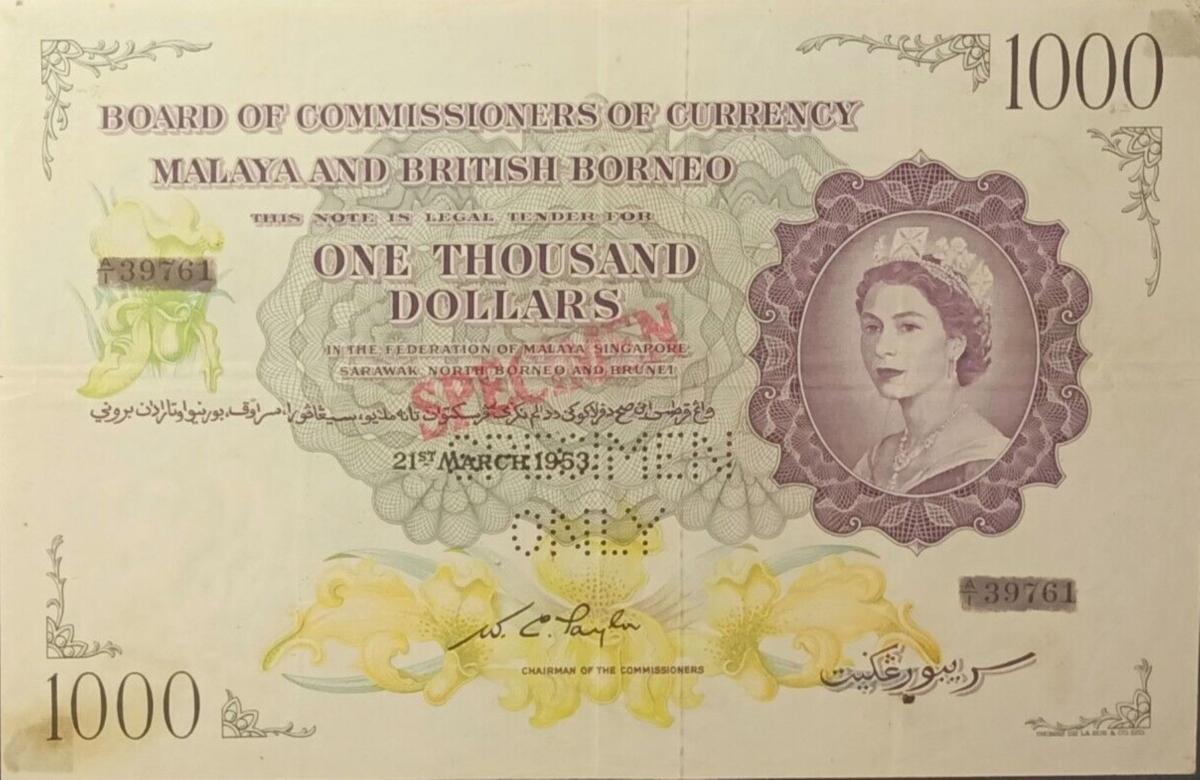 Front of Malaya and British Borneo p6s: 1000 Dollars from 1953