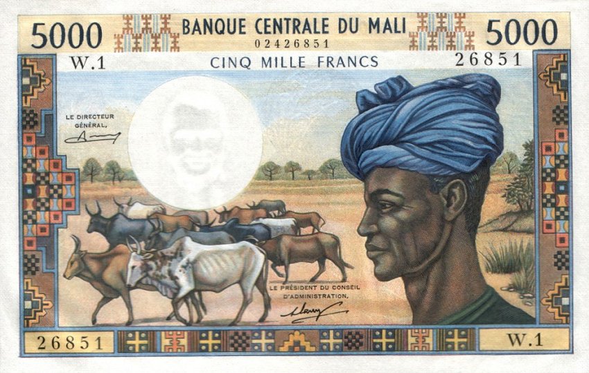 Front of Mali p14a: 5000 Francs from 1972