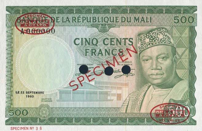 Front of Mali p8s: 500 Francs from 1960