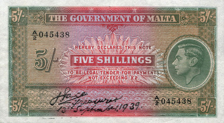 Front of Malta p12: 5 Shillings from 1939