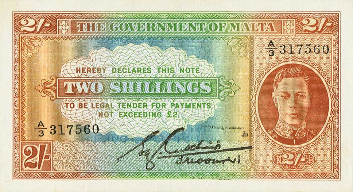 Front of Malta p17c: 2 Shillings from 1942
