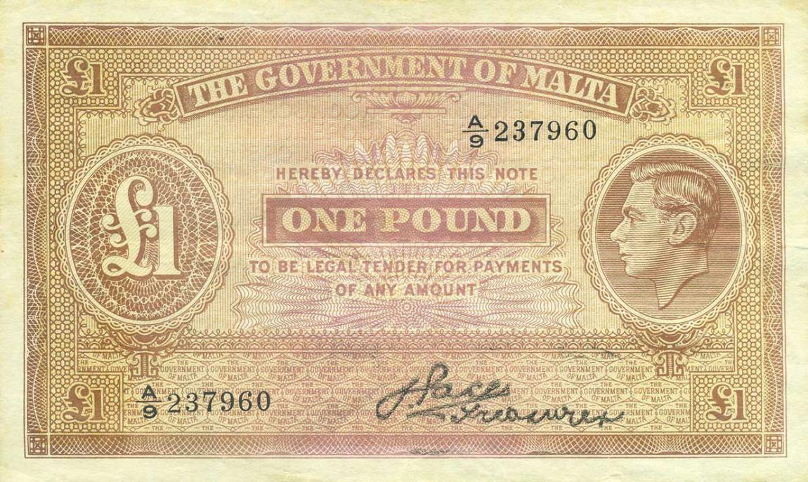 Front of Malta p20a: 1 Pound from 1940