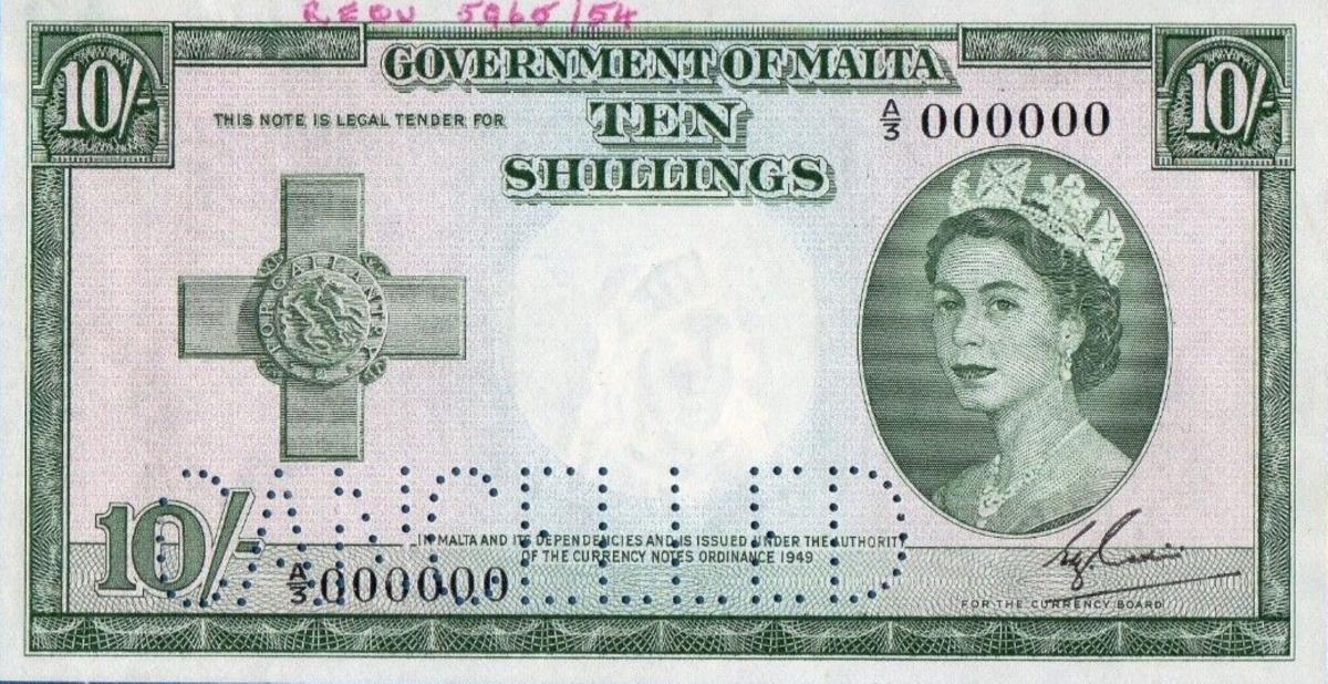 Front of Malta p23s: 10 Shillings from 1954