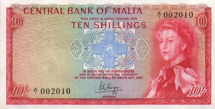 Front of Malta p28a: 10 Shillings from 1967