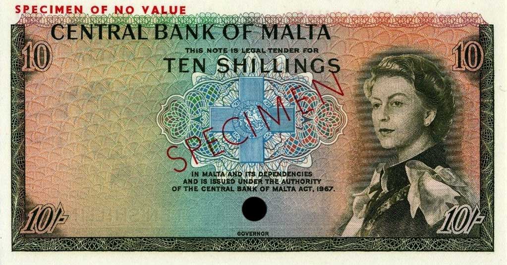 Front of Malta p28ct: 10 Shillings from 1967