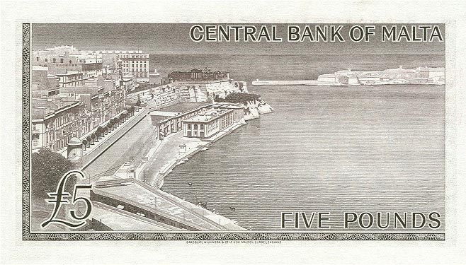 Back of Malta p30a: 5 Pounds from 1967