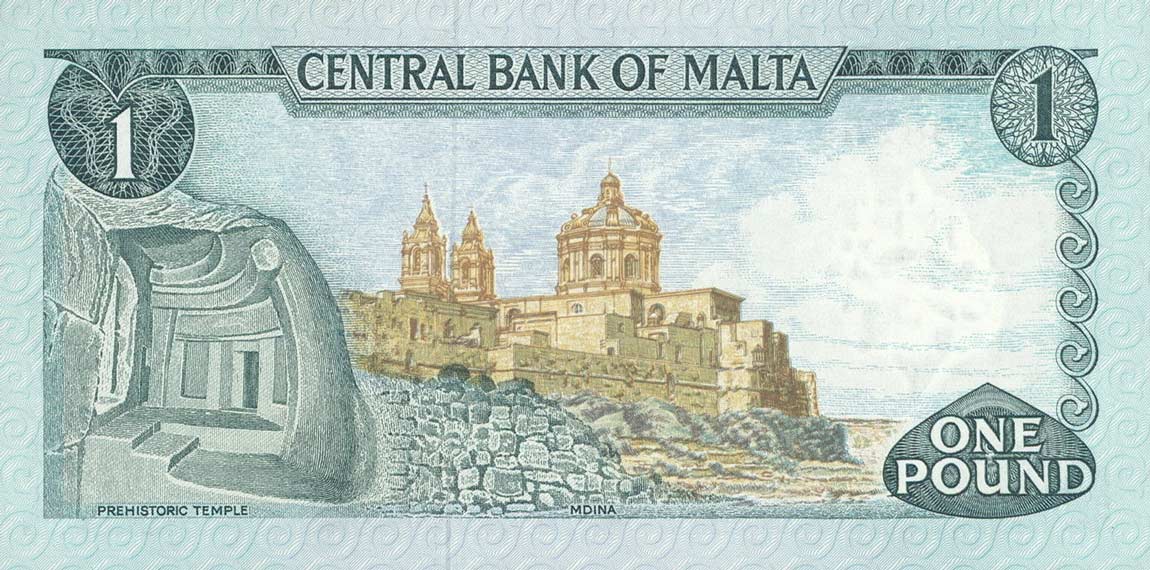 Back of Malta p31b: 1 Lira from 1973