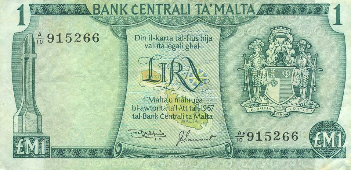 Front of Malta p31d: 1 Lira from 1973