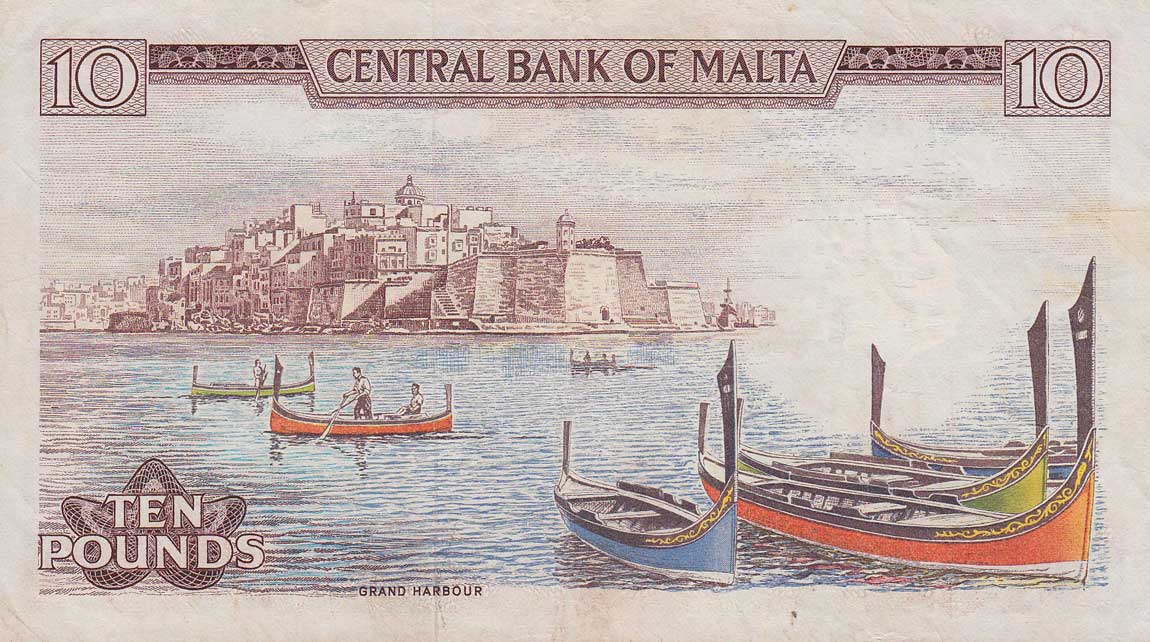 Back of Malta p33d: 10 Lira from 1973