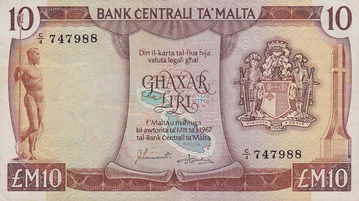 Front of Malta p33d: 10 Lira from 1973