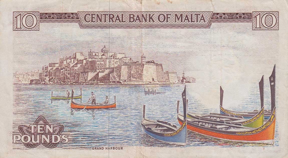 Back of Malta p33e: 10 Lira from 1973