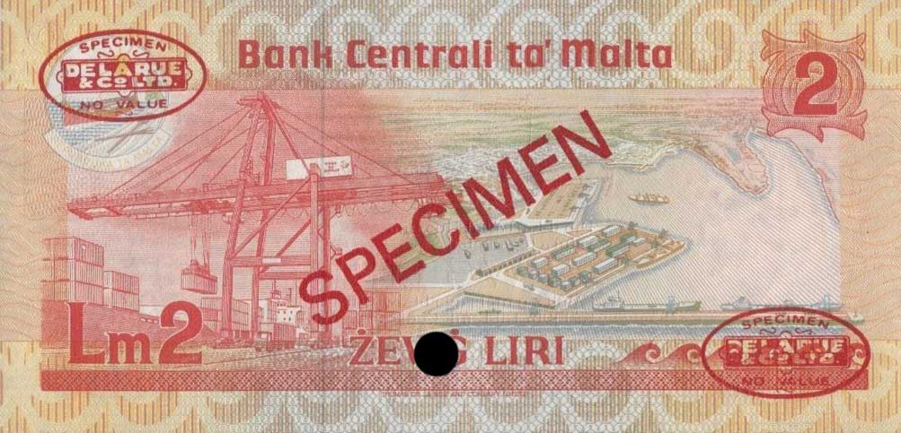 Back of Malta p37s: 2 Lira from 1986