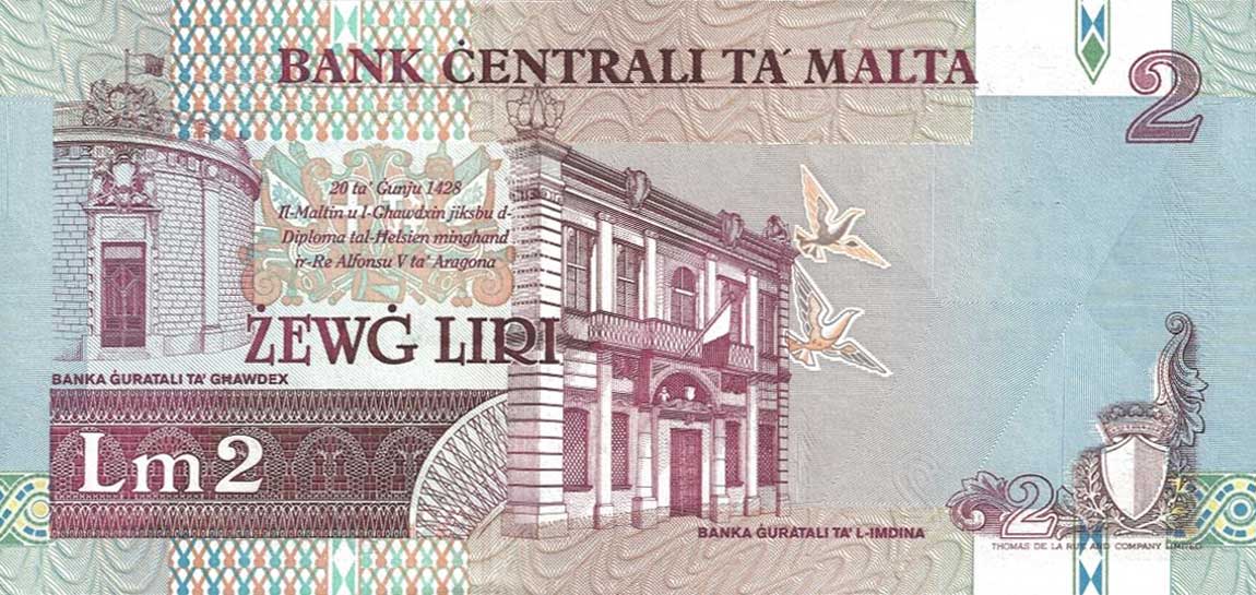 Back of Malta p45d: 2 Lira from 1994