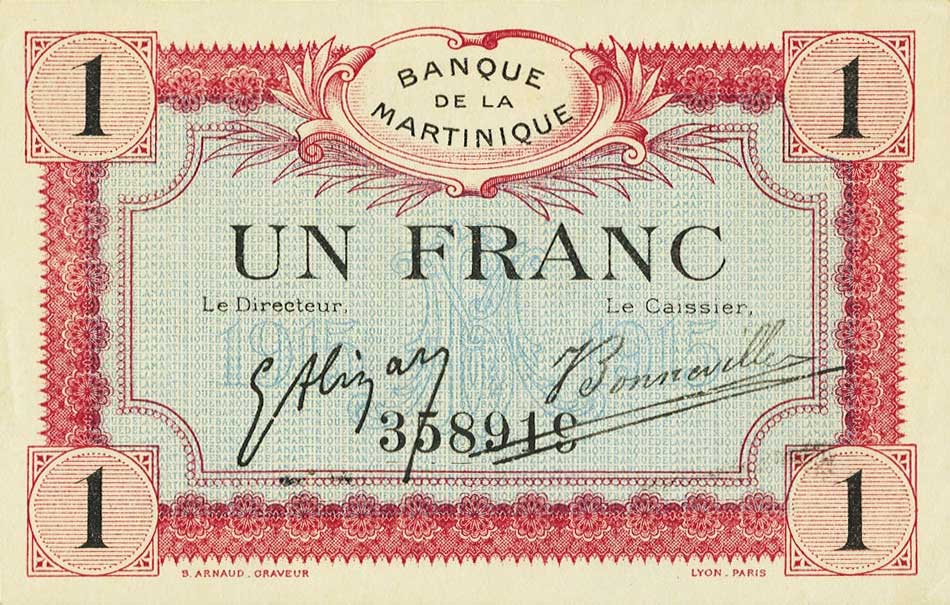 Front of Martinique p10: 1 Franc from 1915