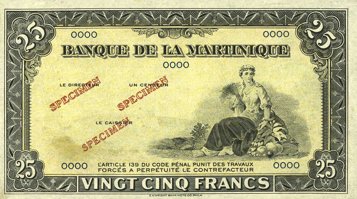 Front of Martinique p17s: 25 Francs from 1943