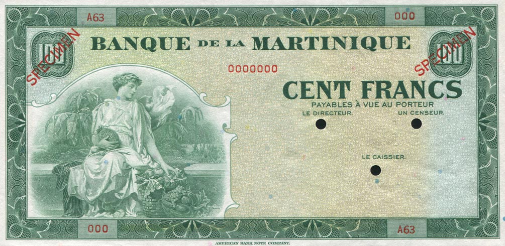 Front of Martinique p19s: 100 Francs from 1942