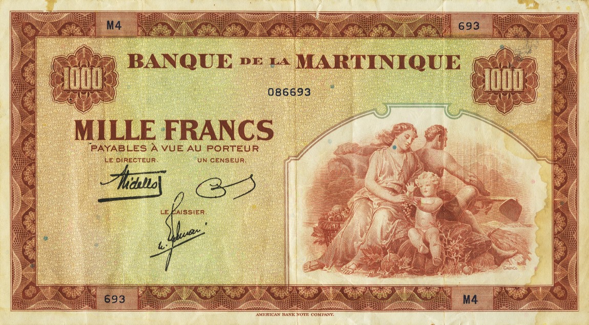 Front of Martinique p21a: 1000 Francs from 1942