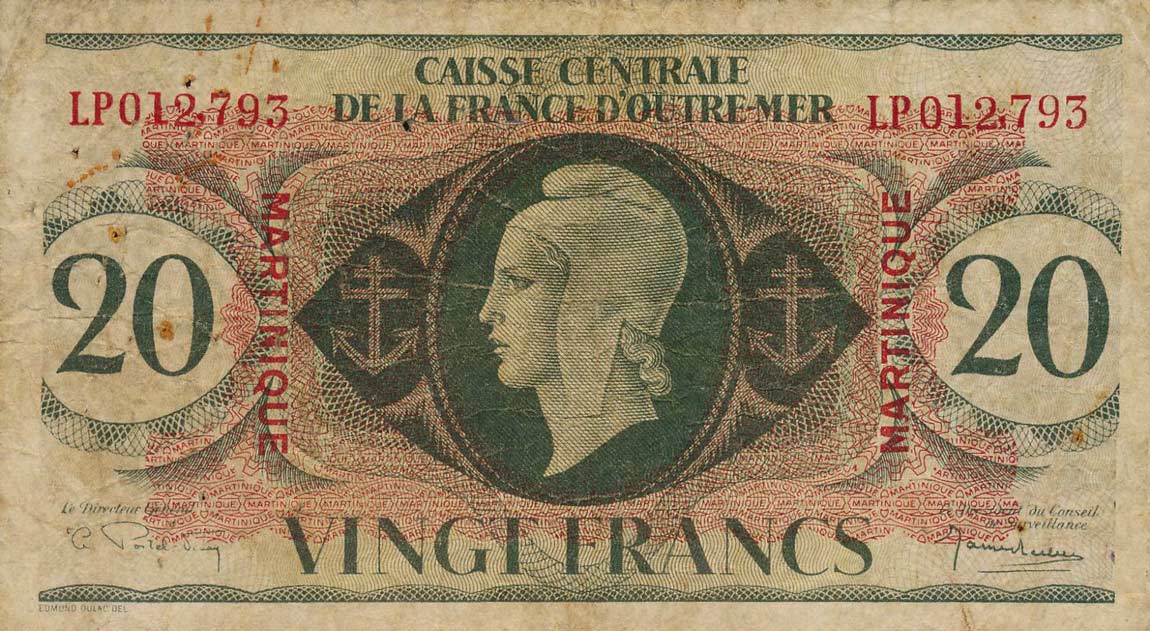 Front of Martinique p24a: 20 Francs from 1944