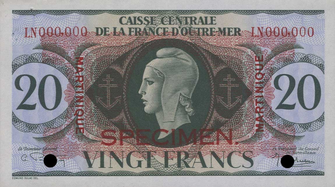 Front of Martinique p24s: 20 Francs from 1944