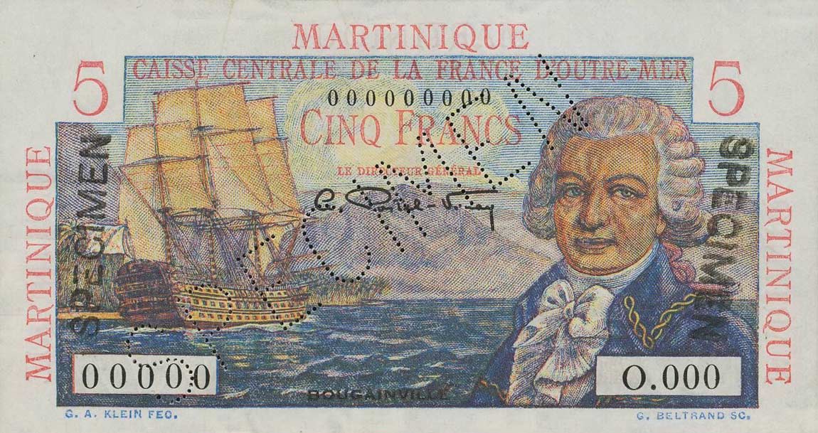 Front of Martinique p27s: 5 Francs from 1947