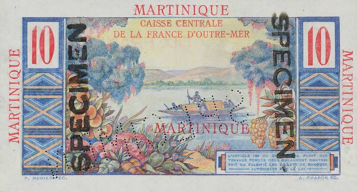 Back of Martinique p28s: 10 Francs from 1947