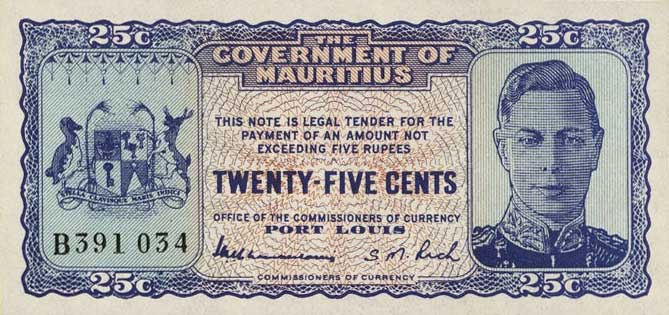 Front of Mauritius p24c: 25 Cents from 1940