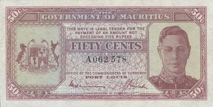 Front of Mauritius p25a: 50 Cents from 1940