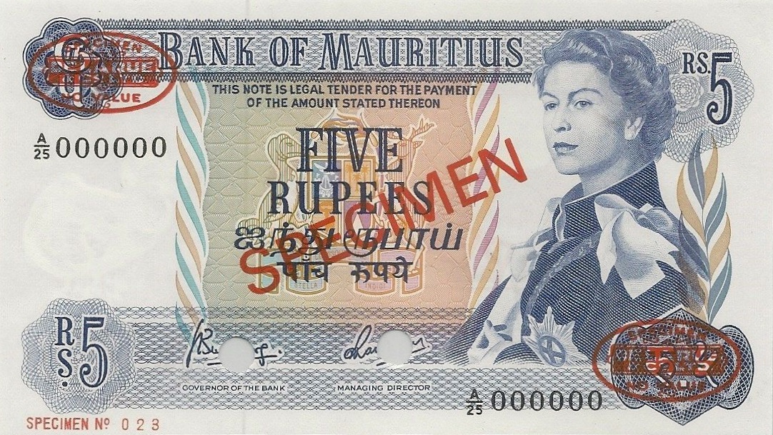 Front of Mauritius p30s: 5 Rupees from 1967