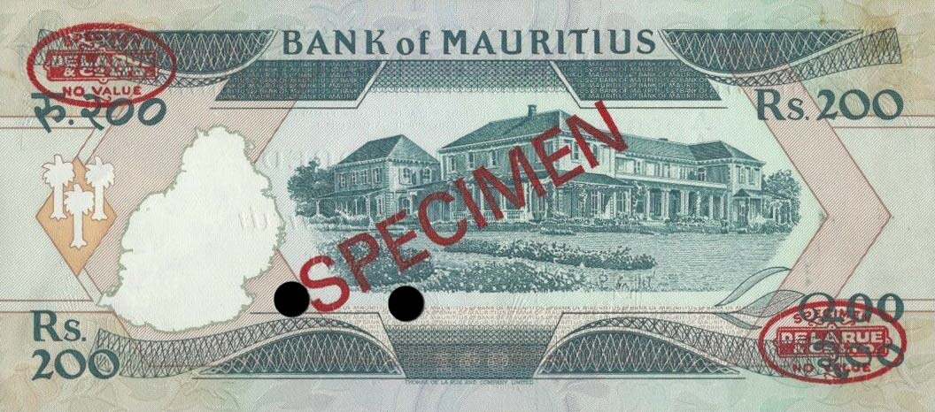 Back of Mauritius p39s: 200 Rupees from 1985