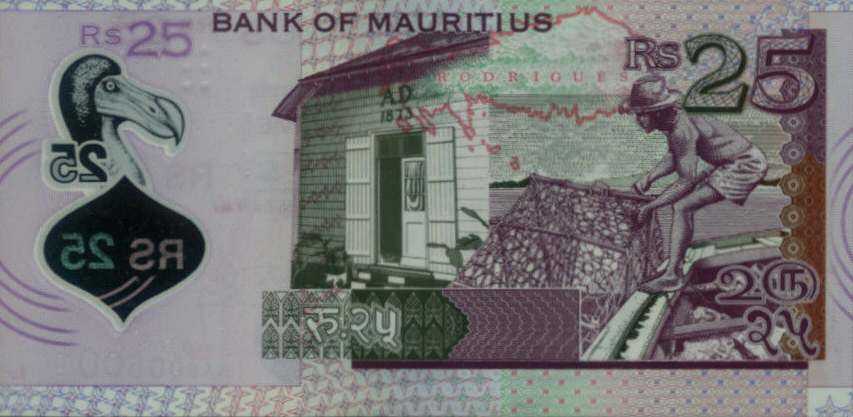 Back of Mauritius p64: 25 Rupees from 2013