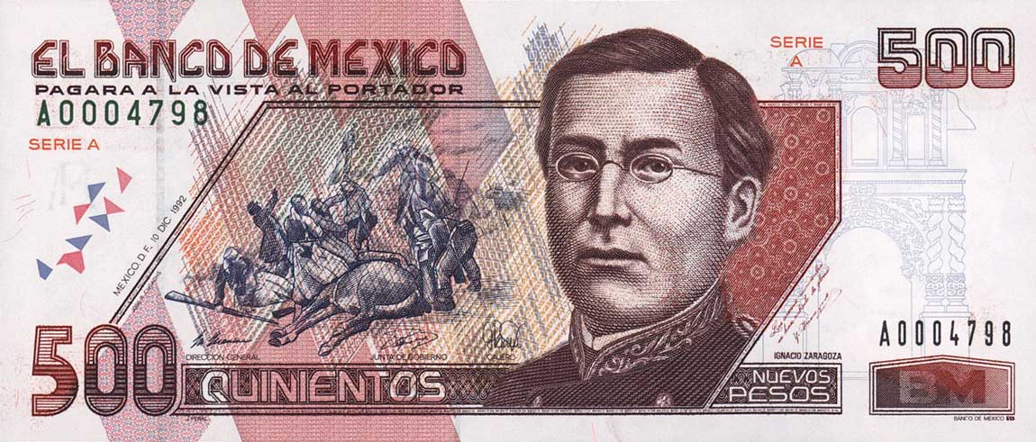 Front of Mexico p104: 500 Nuevos Pesos from 1992