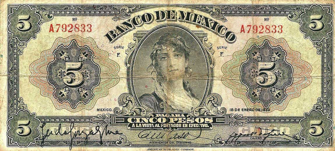 Front of Mexico p21e: 5 Pesos from 1933