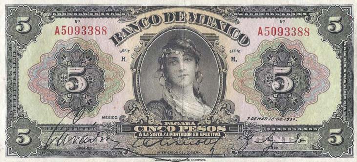 Front of Mexico p21g: 5 Pesos from 1934