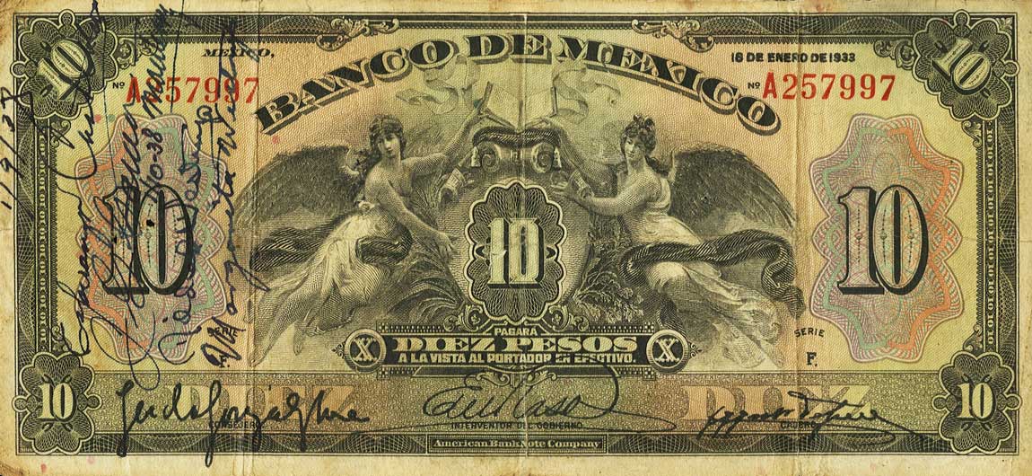 Front of Mexico p22e: 10 Pesos from 1933