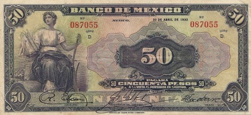 Front of Mexico p24c: 50 Pesos from 1932