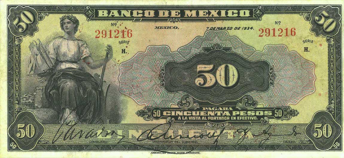 Front of Mexico p24g: 50 Pesos from 1934