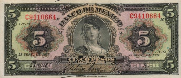Front of Mexico p34a: 5 Pesos from 1937