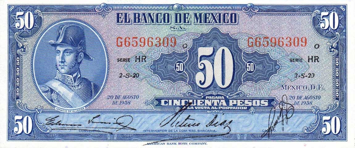 Front of Mexico p49j: 50 Pesos from 1958