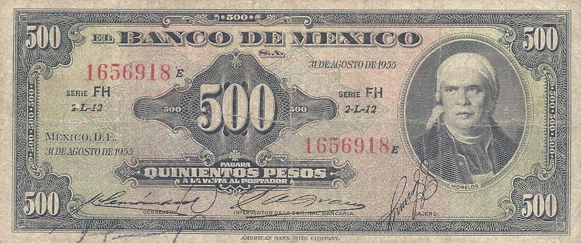 Front of Mexico p51e: 500 Pesos from 1955