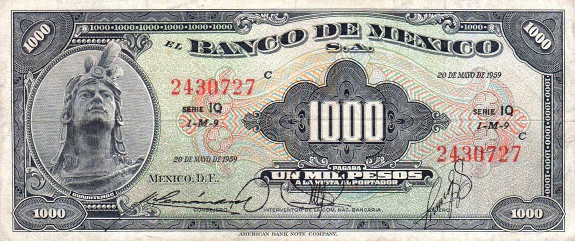 Front of Mexico p52k: 1000 Pesos from 1959